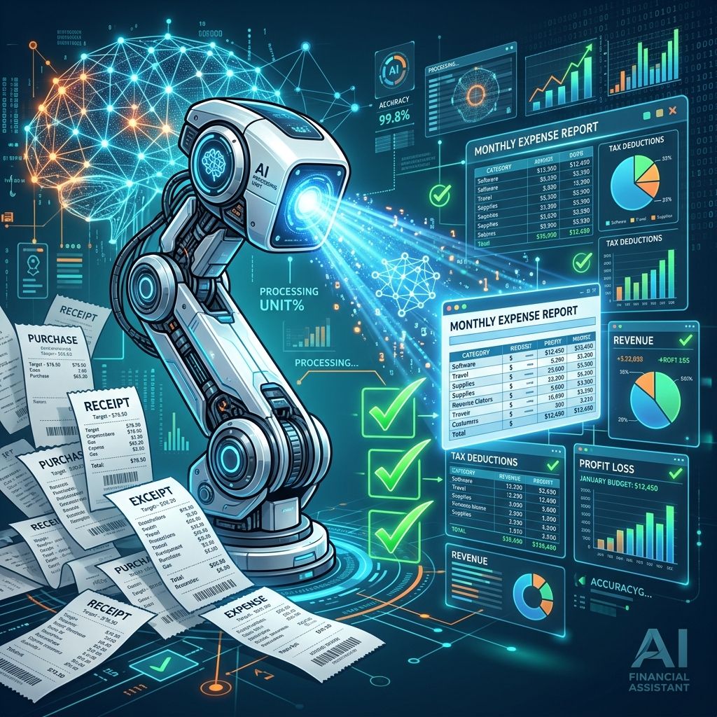 Brazo robótico escaneando documentos financieros con tecnología IA
