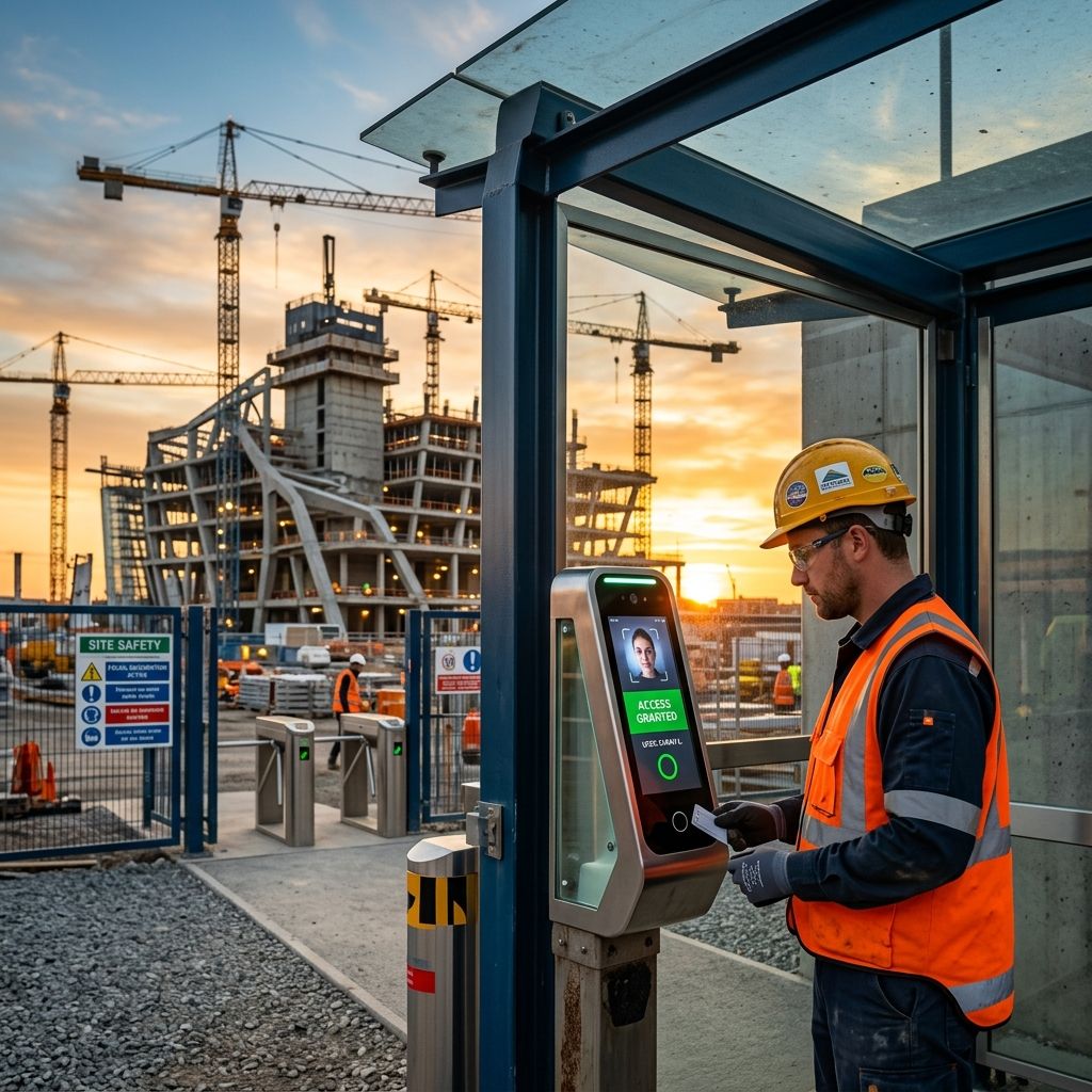 Trabajador de construcción utilizando un escáner biométrico en la entrada de una obra