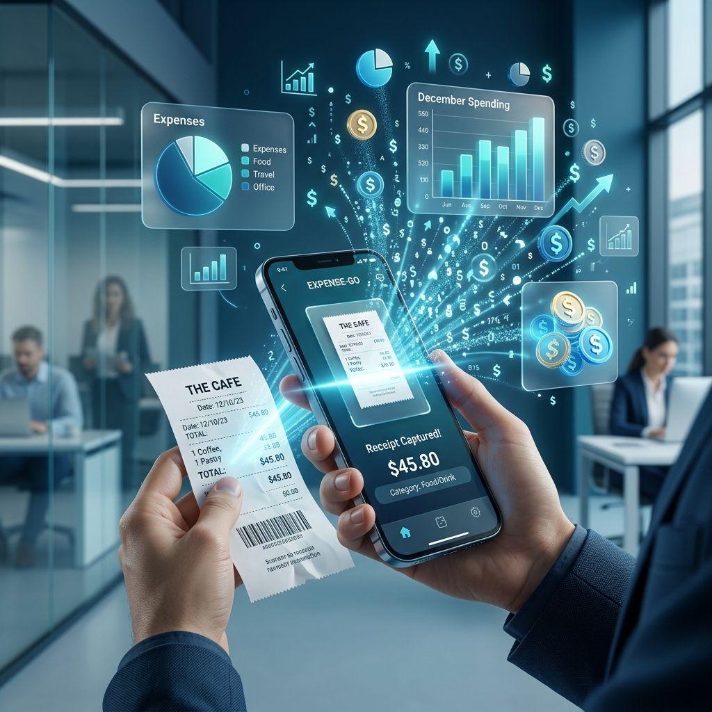 Ilustración 3D de un sistema de gestión de gastos automatizado con IA